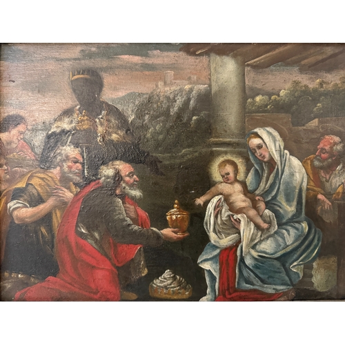 1800 - 19th Century School - Adoration of the Magi, oil on panel, 24 x 33 cm, in gilt wood frame