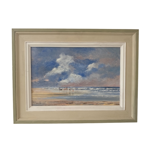 1803 - Aisher (contemporary) - Beach scene with figures on the shoreline, oil on baord, signed below, 30 x ... 