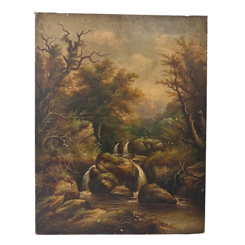 1809 - R. Bower (19th-20th century) - Woodland scene with a cascading river, signed lower left and verso, 6... 