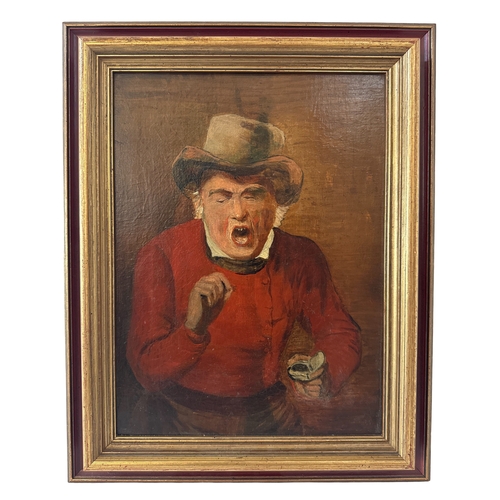 1811 - 19th Century School - Man wearing a red coat taking snuff,  unsigned, oil on canvas, 34 x 56 cm, fra... 