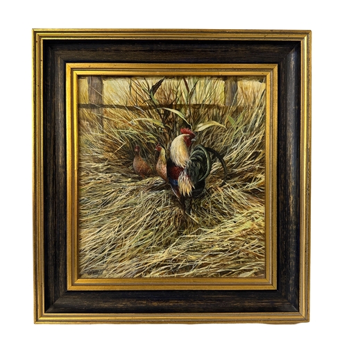 1825 - Ken Turner (b.1926) - Cockerel and Hens, oil on board, signed lower left, 24 x 26 cm, framed