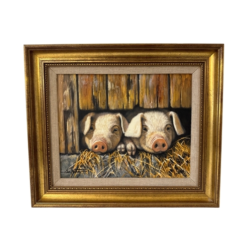 1827 - Ian Nathan (b.1954) -Two piglets, signed lower left, oil on canvas, 20.5 x 26 cm, framed