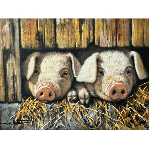 1827 - Ian Nathan (b.1954) -Two piglets, signed lower left, oil on canvas, 20.5 x 26 cm, framed