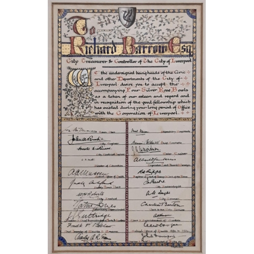 1850 - An illuminated manuscript addressed 'To Richard Barrow Esq. City Treasurer & Controller of The City ... 