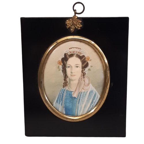 1857 - English School, 19th Century - miniature portrait of a lady wearing a bonnet, quarter-length, waterc... 