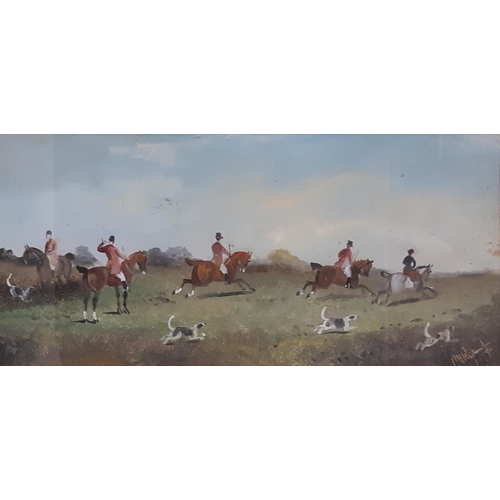 1899 - Two 19th century naive hunting themed oil paintings, both indistinctly signed 'M.H. Richard'?, and d... 