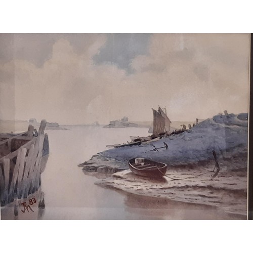 1880 - Three watercolours with three prints: W.R. Ward - Estuary landscapes, with one other watercolour bea... 