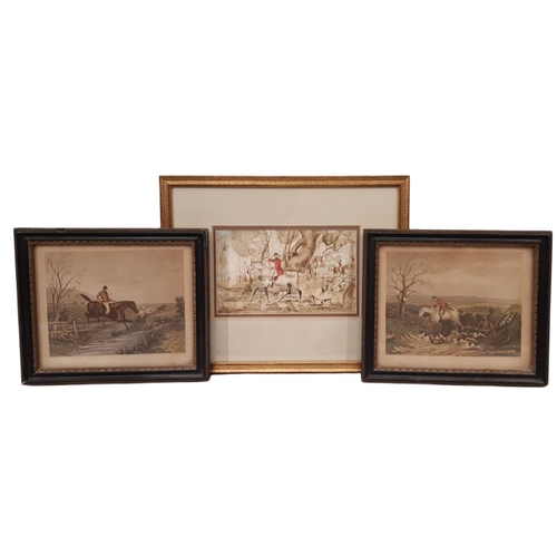 1881 - Hunting interest - A watercolour and two prints to include: An ink and wash study of a huntsman and ... 