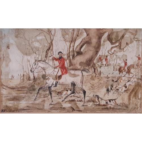 1881 - Hunting interest - A watercolour and two prints to include: An ink and wash study of a huntsman and ... 