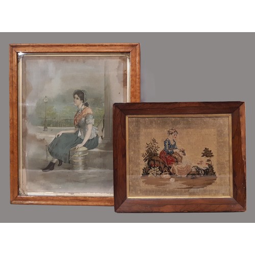 1882 - Two 19th/early 20th century framed works, to include a chromolithograph on silk depicting a lady sit... 