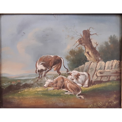 1883 - 19th Century School - Four unsigned paintings to include: Pastoral scene of cattle resting, oil on b... 