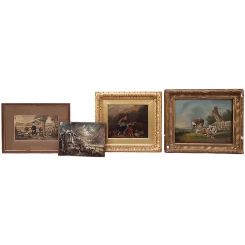 1883 - 19th Century School - Four unsigned paintings to include: Pastoral scene of cattle resting, oil on b... 