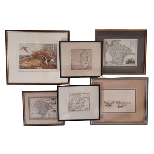 1888 - Four county maps and two prints to include: Ruben Ward Binks - 'The Rise' aquatint signed and titled... 