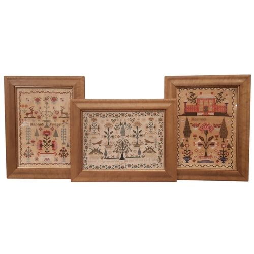 1892 - Three 19th century needlework samplers by Hannah Fudge, one dated 1840 aged 13(?), with various deco... 