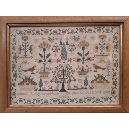 1892 - Three 19th century needlework samplers by Hannah Fudge, one dated 1840 aged 13(?), with various deco... 