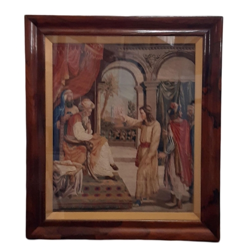 1852 - A tapestry depicting 'Joseph Interpreting the Dream of King Pharaoh', glazed in veneered frame, fram... 