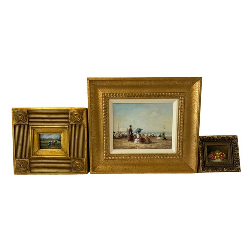 1901 - Three 20th century oil paintings, to include: A Victorian beach scene; Pastoral scene and a still li... 