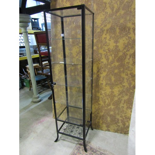 1176 - A contemporary light steel framed free standing shop display cabinet of square cut form raised on sp... 