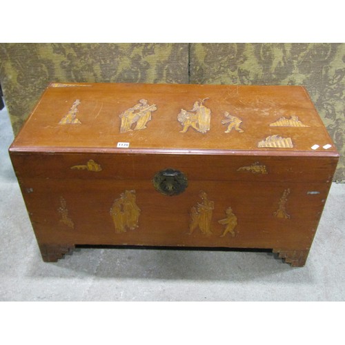 1170 - A Chinese Camphor wood chest with hinged lid and applied character and further detail, 48cm high x 9... 