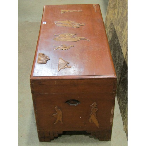 1170 - A Chinese Camphor wood chest with hinged lid and applied character and further detail, 48cm high x 9... 