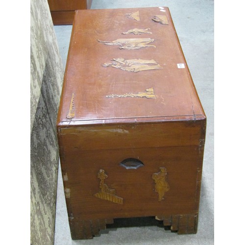 1170 - A Chinese Camphor wood chest with hinged lid and applied character and further detail, 48cm high x 9... 