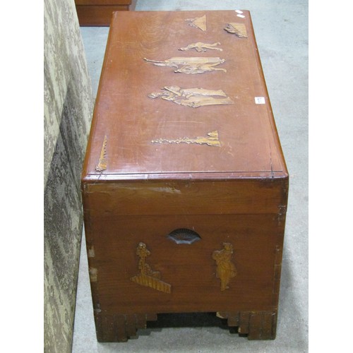 1170 - A Chinese Camphor wood chest with hinged lid and applied character and further detail, 48cm high x 9... 