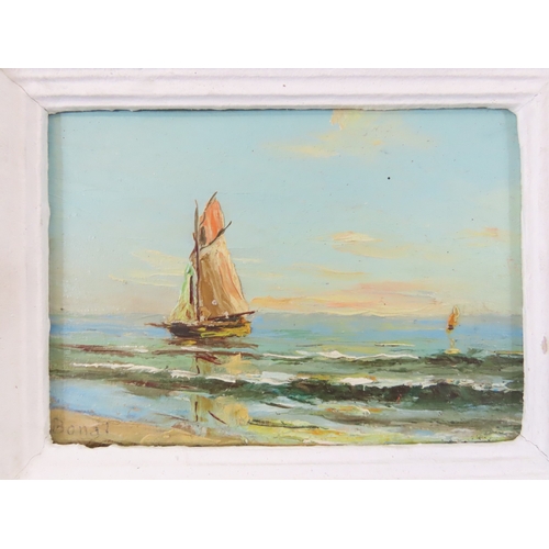 49 - CONTINENTAL SCHOOL, 20th century, sailing boats at sea, oil on canvas, signed lower left, 20.5cm x 1... 