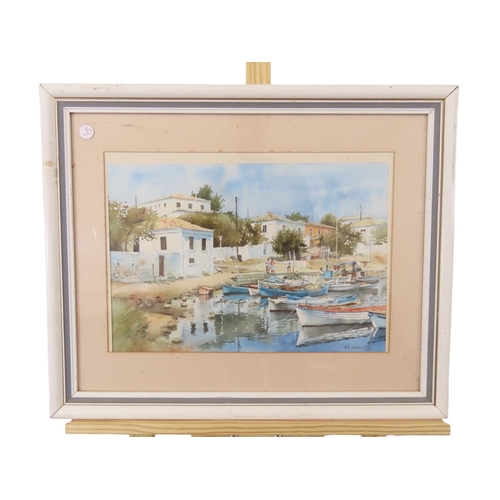 74 - ROBERT GOLDSMITH: Moored fishing boats, watercolour, signed lower right, 40cm x 28cm