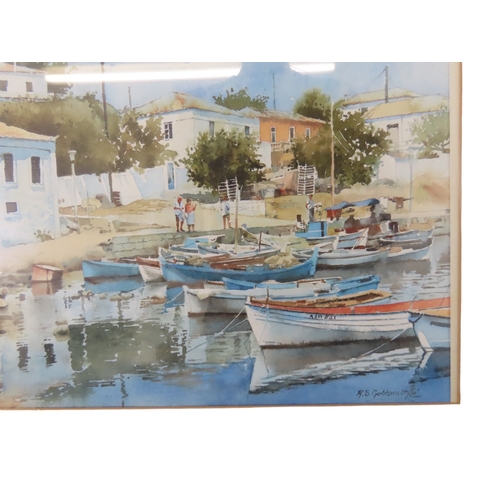 74 - ROBERT GOLDSMITH: Moored fishing boats, watercolour, signed lower right, 40cm x 28cm