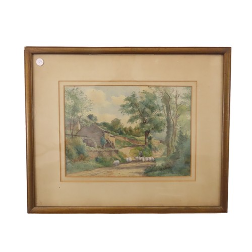 76 - BRITISH SCHOOL, 19th century, landscape path with sheep and outbuildings, watercolour, 34.5cm x 24.5... 