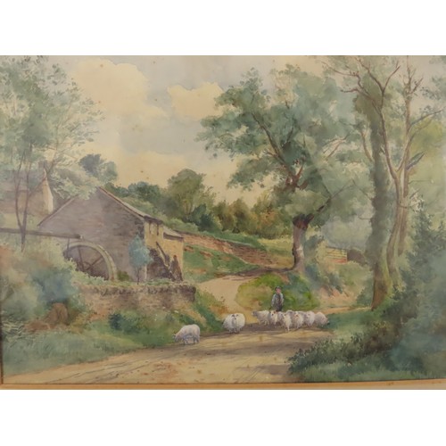 76 - BRITISH SCHOOL, 19th century, landscape path with sheep and outbuildings, watercolour, 34.5cm x 24.5... 