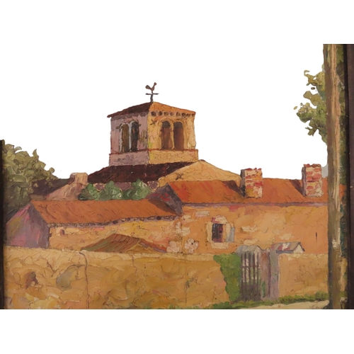 101 - CONTINENTAL SCHOOL, 20th century, rustic terracotta buildings, impasto oil on board, 45cm x 41.5cm