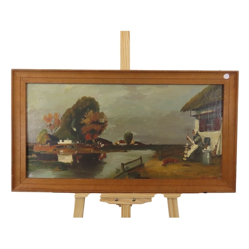 92 - CONTINENTAL SCHOOL, 20th century, river scene with washer woman in foreground, indistinctly signed a... 