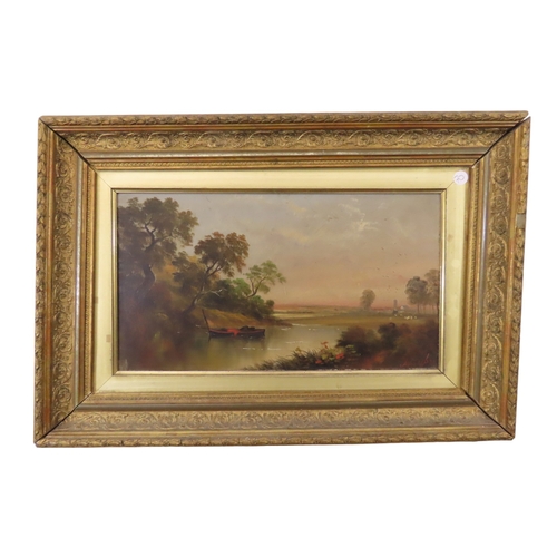 93 - BRITISH SCHOOL, 19th century, river landscape, oil on board, signed and dated lower right, 44cm x 24... 