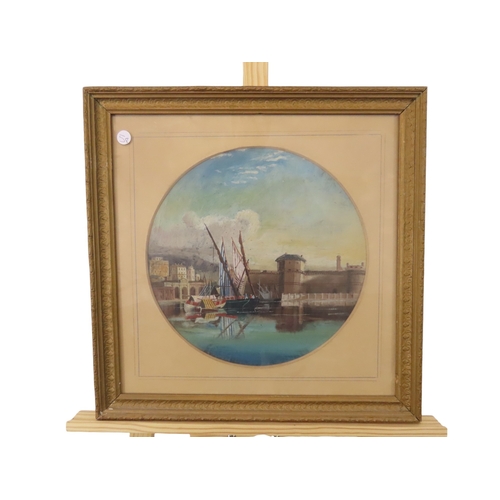 95 - CONTINENTAL SCHOOL, 19th century, harbour scene with fort, pastel, 31cm x 31cm