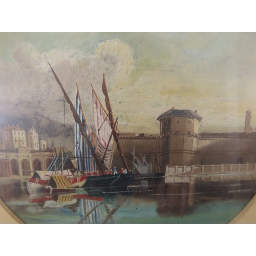 95 - CONTINENTAL SCHOOL, 19th century, harbour scene with fort, pastel, 31cm x 31cm