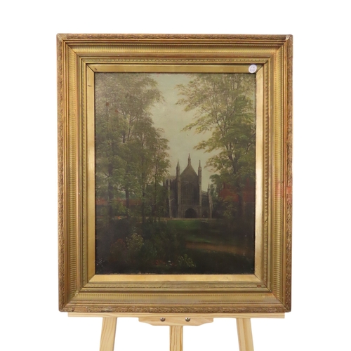 97 - BRITISH SCHOOL, 19th century, Cathedral, oil on canvas, indistinctly signed lower left, 39.5cm x 49.... 