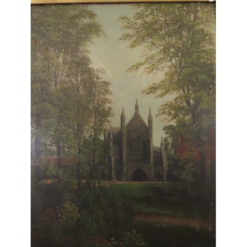 97 - BRITISH SCHOOL, 19th century, Cathedral, oil on canvas, indistinctly signed lower left, 39.5cm x 49.... 