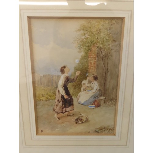 130 - ENGLISH SCHOOL, 19th century, children blowing bubbles in a courtyard, watercolour, monogrammed lowe... 