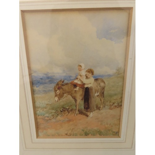 132 - ENGLISH SCHOOL, 19th century, child on a donkey in moorland, watercolour, monogrammed lower right, 1... 