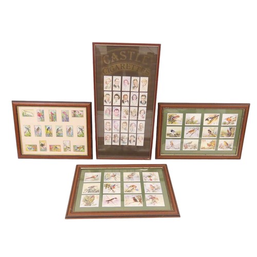 201 - Four framed sets of cigarette cards, to include British Birds, exotic birds and actors, largest fram... 