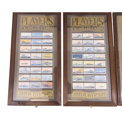 202 - A set of five framed sets of Player's cigarette cards, to include: battle ships, royalty and others,... 