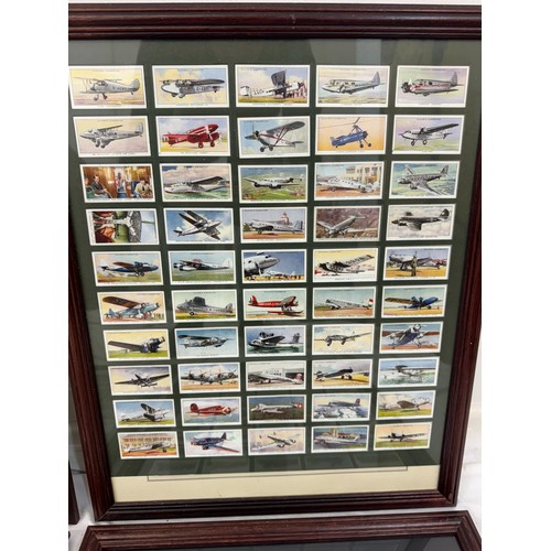 207 - Four framed sets of cigarette cards of  Transport such as planes, trains and cars, 46 x 55 cm (4)