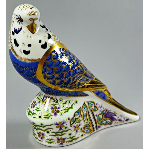 55 - Five Royal Crown Derby figures to include Cockerill, Budgie, and Duck all with gold stoppers and two... 