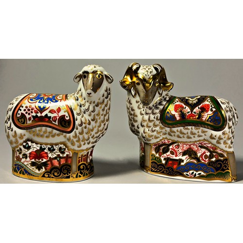 68 - A collection of Royal Crown Derby Imari sheep comprising a Ram and Ewe in standing pose with gold st... 