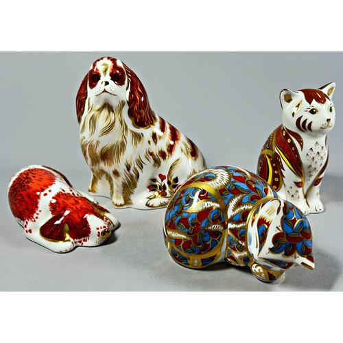 70 - A collection of Royal Crown Derby Imari figures to include two dogs with gold stoppers and two cats ... 