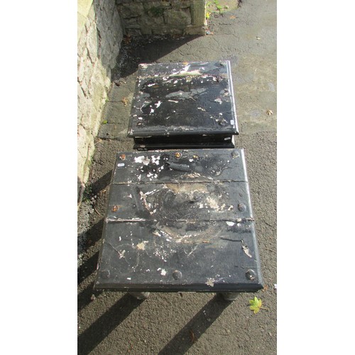 1014 - Two Indian hardwood occasional tables with turned supports and iron fittings painted and weathered h... 