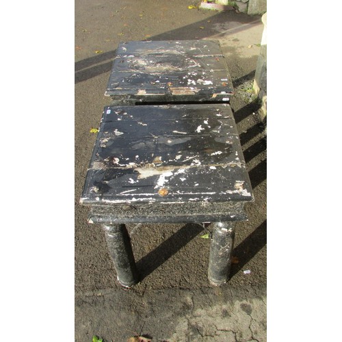 1014 - Two Indian hardwood occasional tables with turned supports and iron fittings painted and weathered h... 