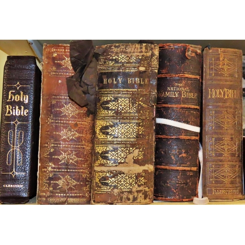 748 - Five Victorian and other family bibles together with a printer's wooden printing block