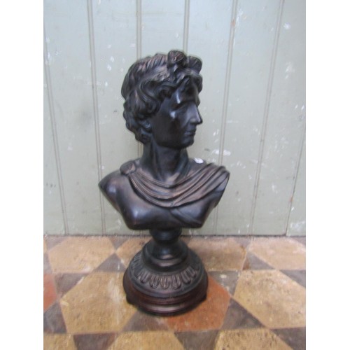 645 - A Bronzed terracotta bust of Apollo raised on a socle base and wood plinth 43cm.